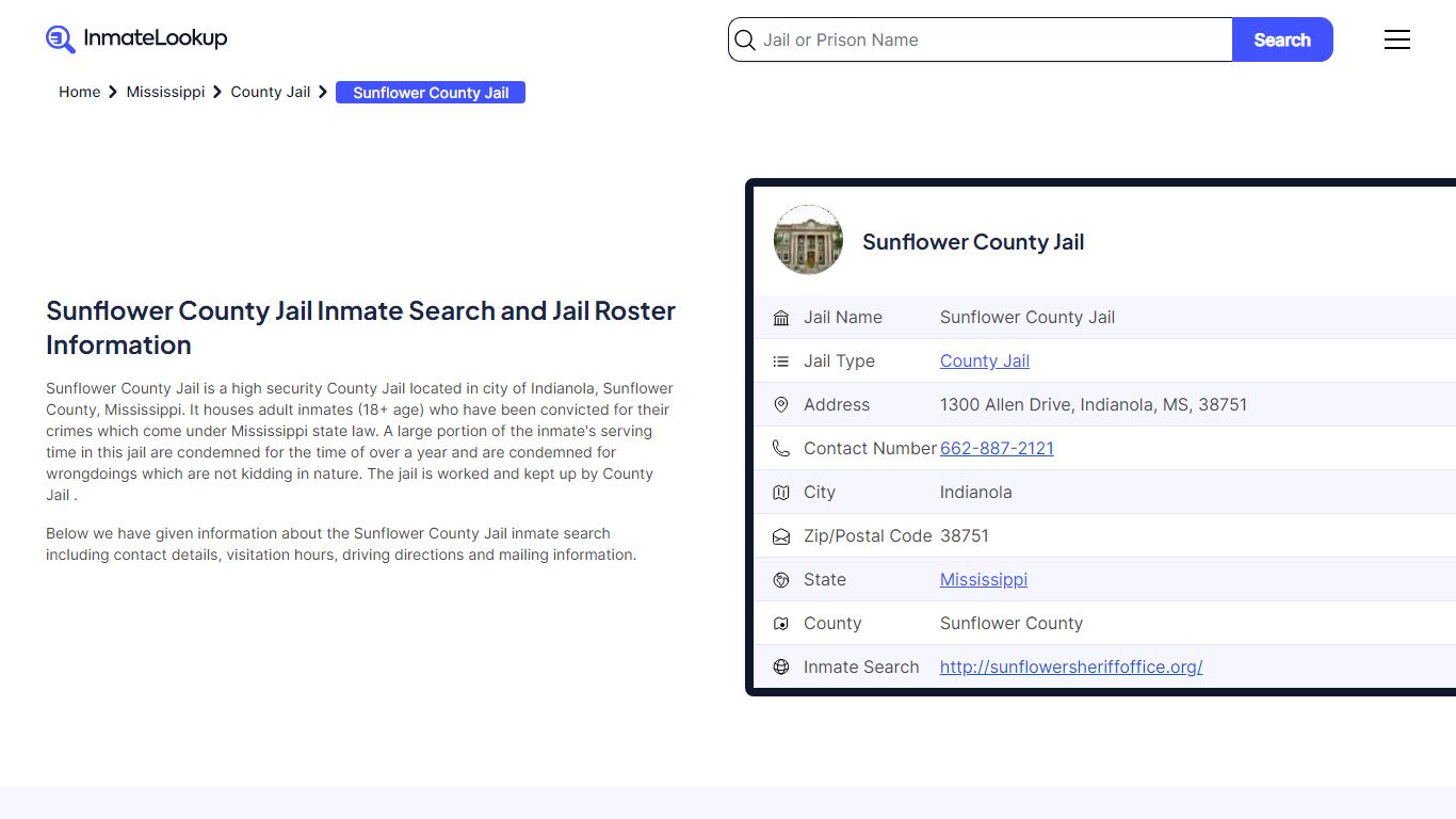 Sunflower County Jail Inmate Search and Jail Roster Information