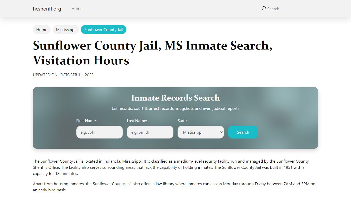 Sunflower County Jail, MS Inmate Search, Visitation Hours